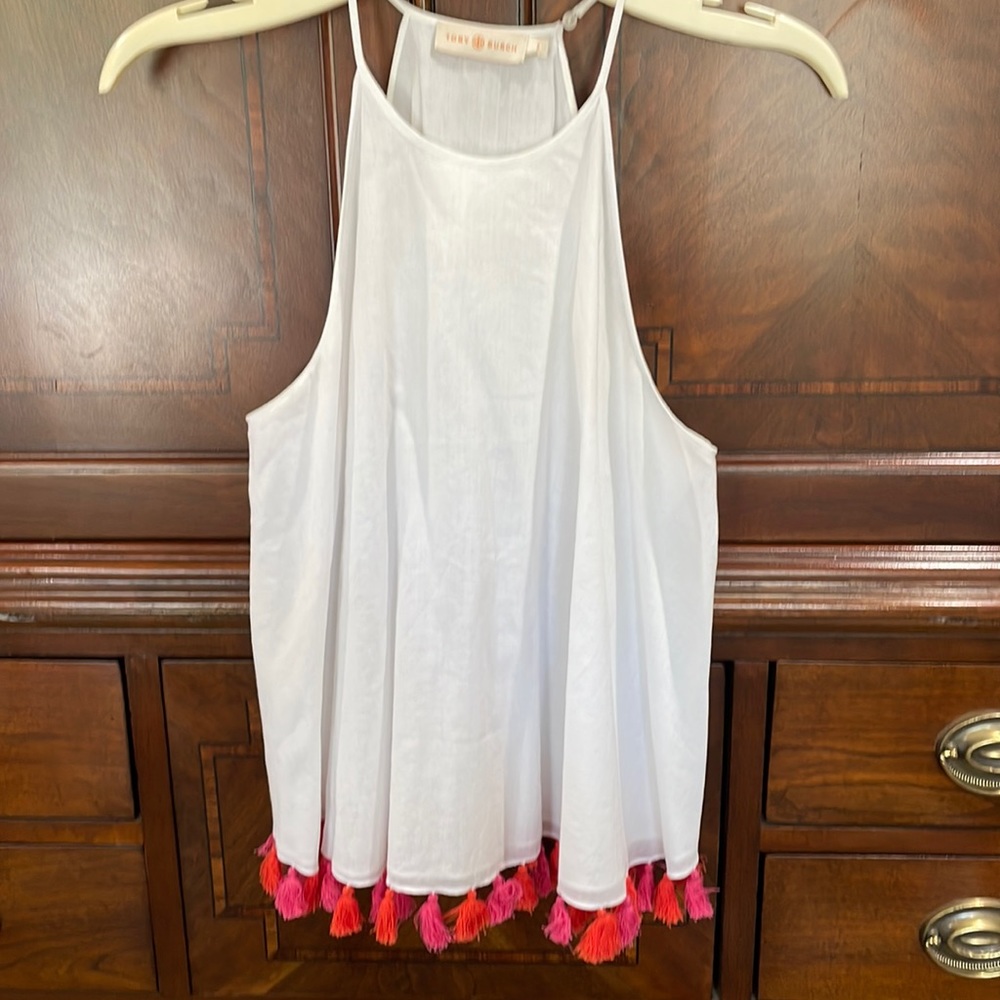 Tory Burch cotton top with red and pink poms poms.